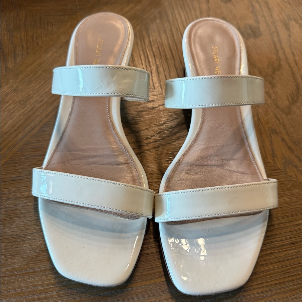 Stuart Weitzman Cream Patent Double-Strap Slide Sandals